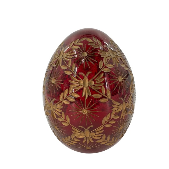 Faberage Vintage Ruby Red Glass Egg Collectible Floral Design Made in Russia